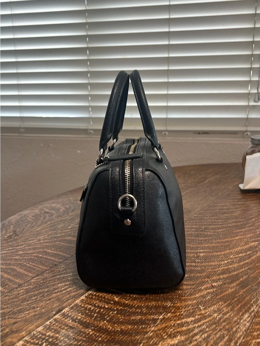 Coach Black Leather Barrel Satchel with Silver Hardware